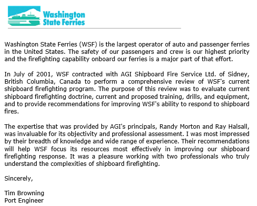 Wastinton State Ferries reference letter